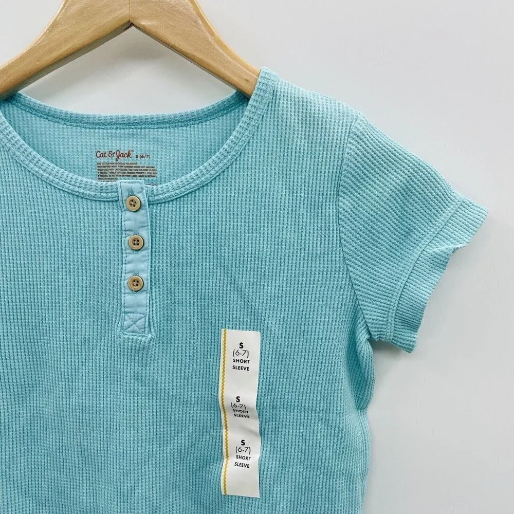 Cat & Jack Girls Small 6/7 Short Sleeve Waffle Henley Shirt‎ Turquoise Blue 1501